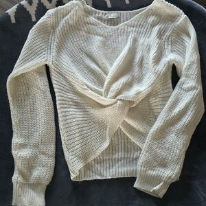 Cream Twist-Front Crewneck Sweater